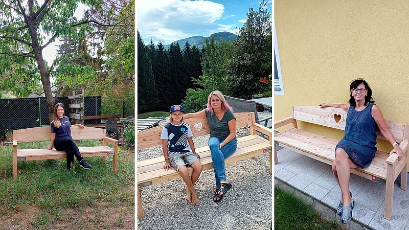 Die Gewinner_innen sitzend auf der Gartenbank.